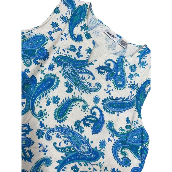 Tops - Women's 100% linen blue green taupe paisley‎ sleeveless top bust darts summer